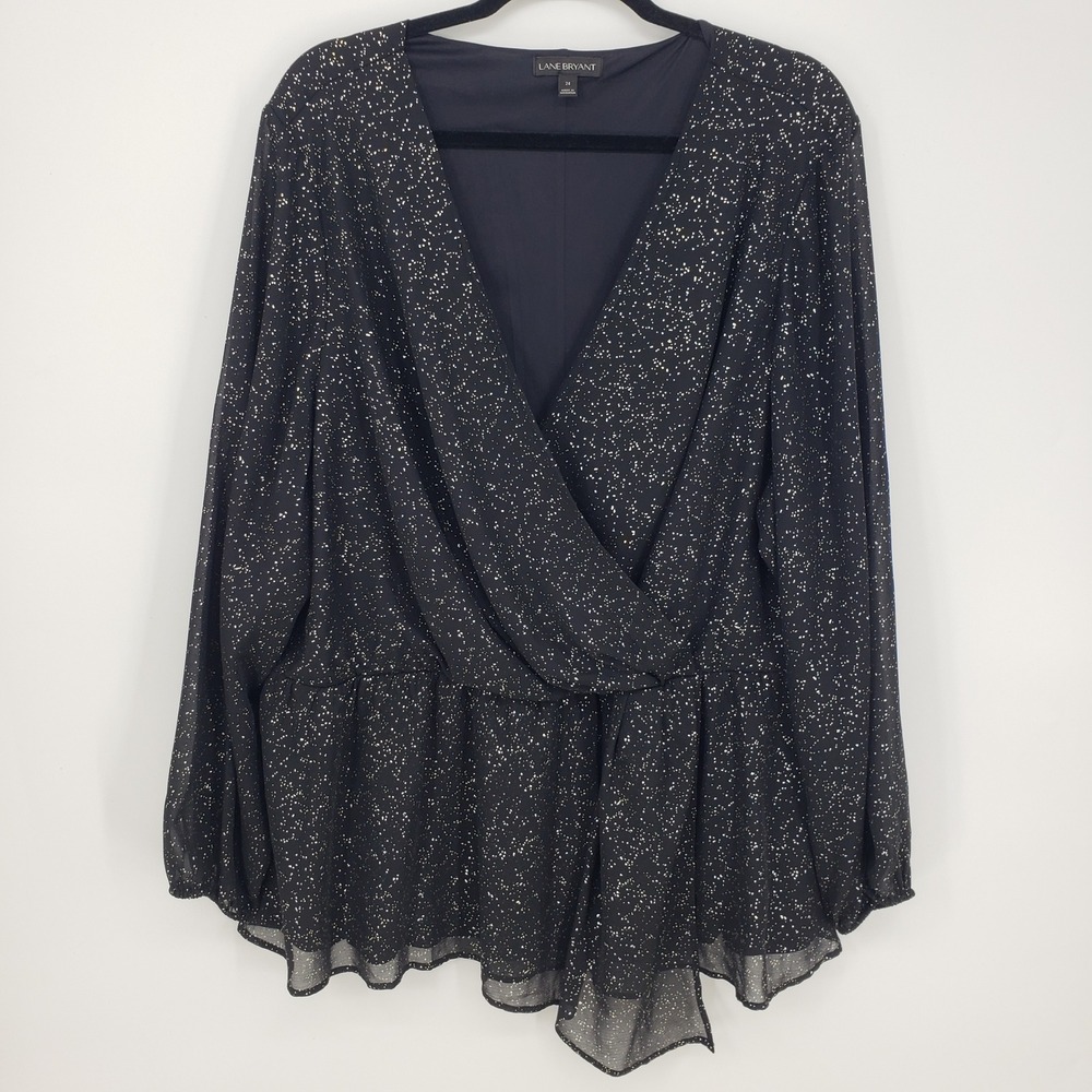 Lane Bryant Faux Wrap Blouse Sz 24 Black Silver Metallic Peplum Top Long Sleeves